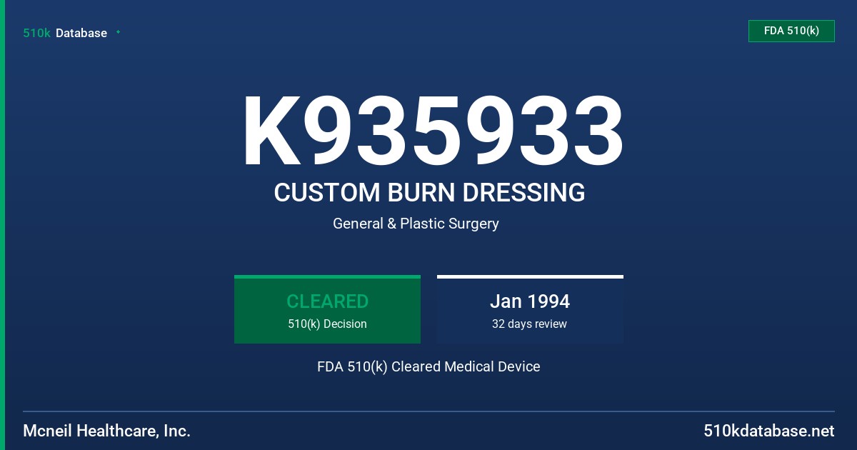 K935933 CUSTOM BURN DRESSING FDA 510(k) Cleared Medical Device