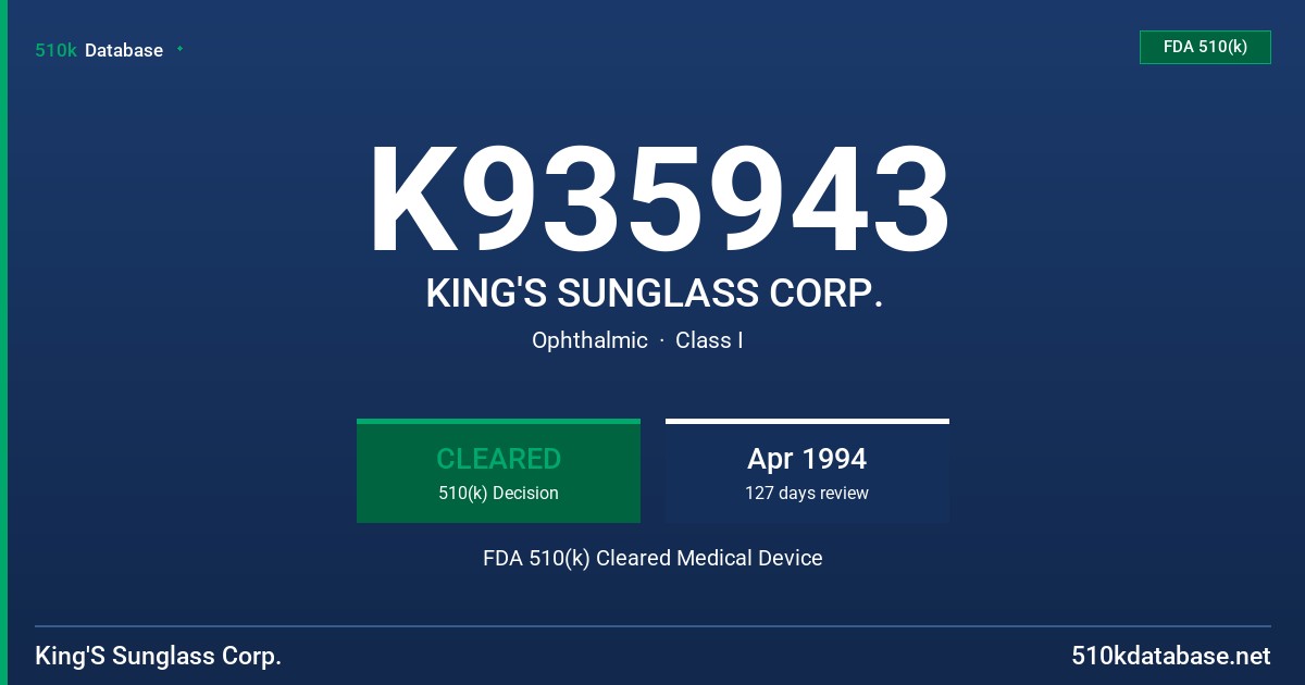 K935943 KING'S SUNGLASS CORP. FDA 510(k) Cleared Medical Device