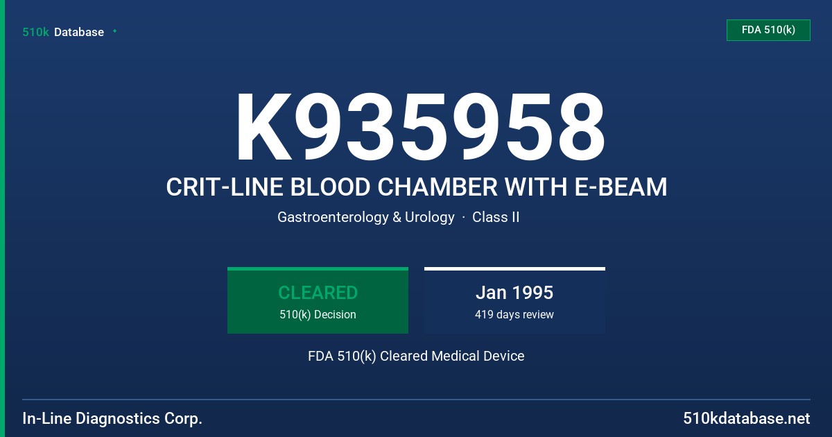 K935958 CRIT-LINE BLOOD CHAMBER WITH E-BEAM FDA 510(k) Cleared Medical Device