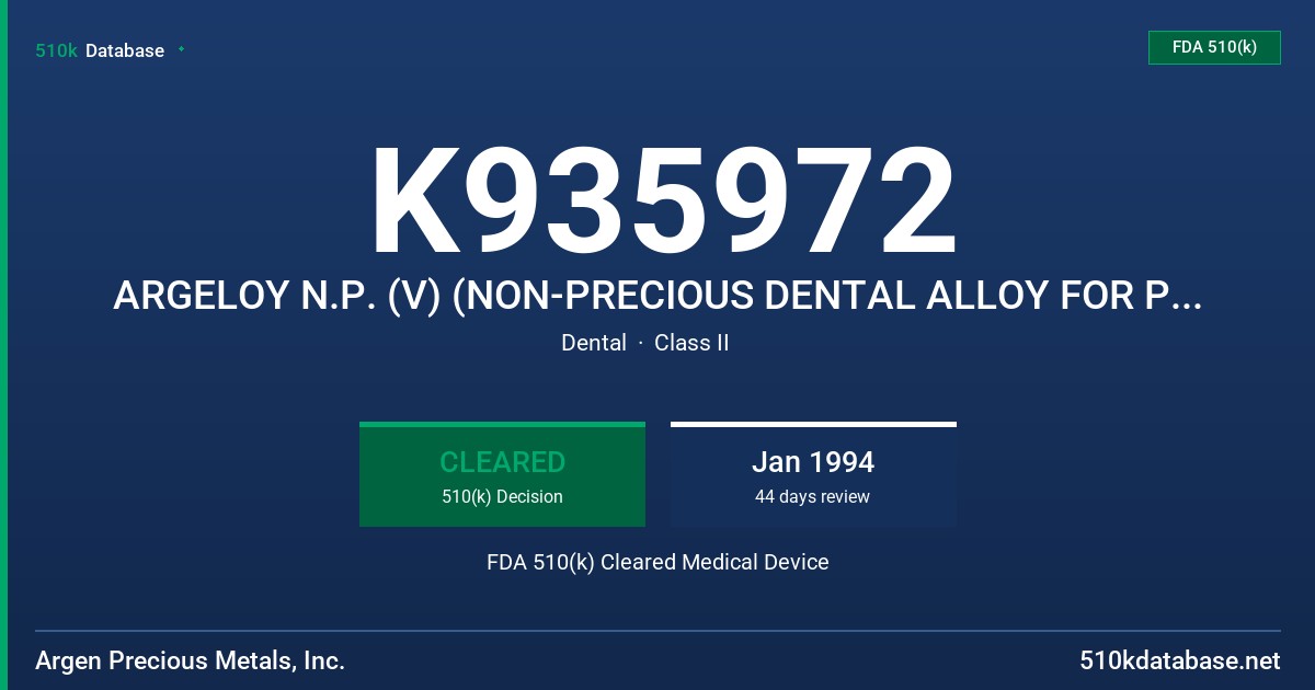 K935972 ARGELOY N.P. (V) (NON-PRECIOUS DENTAL ALLOY FOR PROCELAIN APPLICATION) FDA 510(k) Cleared Medical Device
