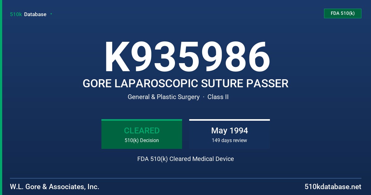 K935986 GORE LAPAROSCOPIC SUTURE PASSER FDA 510(k) Cleared Medical Device