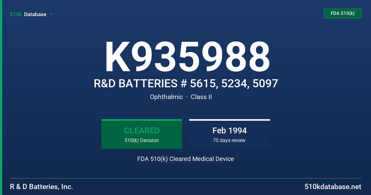 K935988 R&D BATTERIES # 5615, 5234, 5097 FDA 510(k) Cleared Medical Device