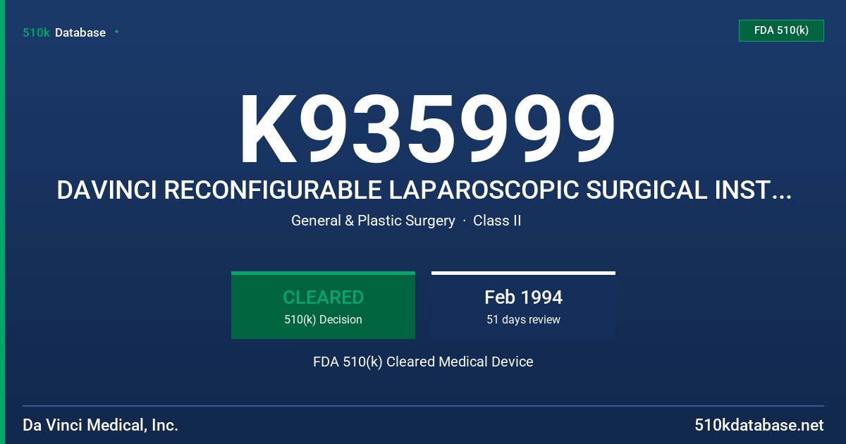 K935999 DAVINCI RECONFIGURABLE LAPAROSCOPIC SURGICAL INSTRUMENTS FDA 510(k) Cleared Medical Device