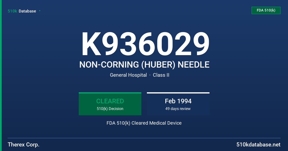 K936029 NON-CORNING (HUBER) NEEDLE FDA 510(k) Cleared Medical Device