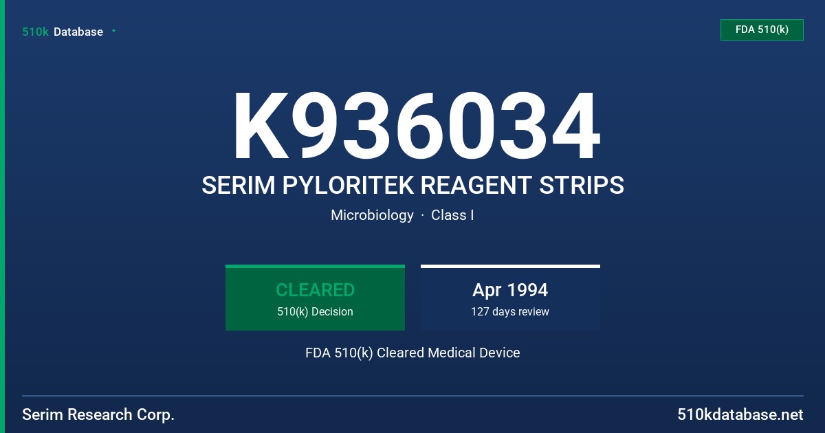 K936034 SERIM PYLORITEK REAGENT STRIPS FDA 510(k) Cleared Medical Device
