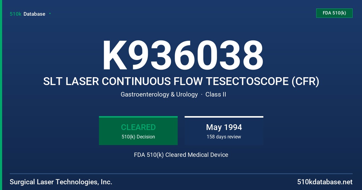 K936038 SLT LASER CONTINUOUS FLOW TESECTOSCOPE (CFR) FDA 510(k) Cleared Medical Device