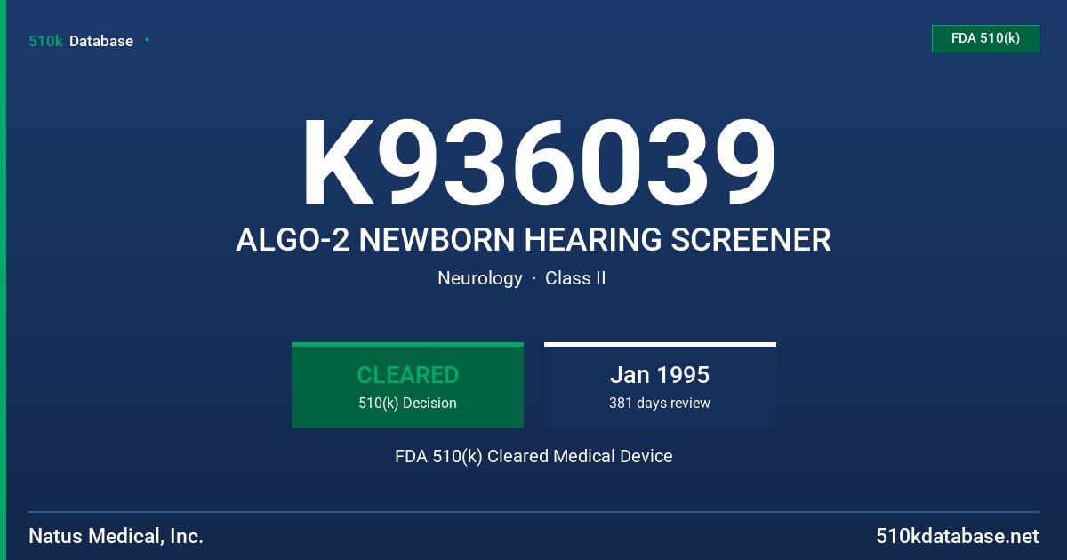 K936039 ALGO-2 NEWBORN HEARING SCREENER FDA 510(k) Cleared Medical Device