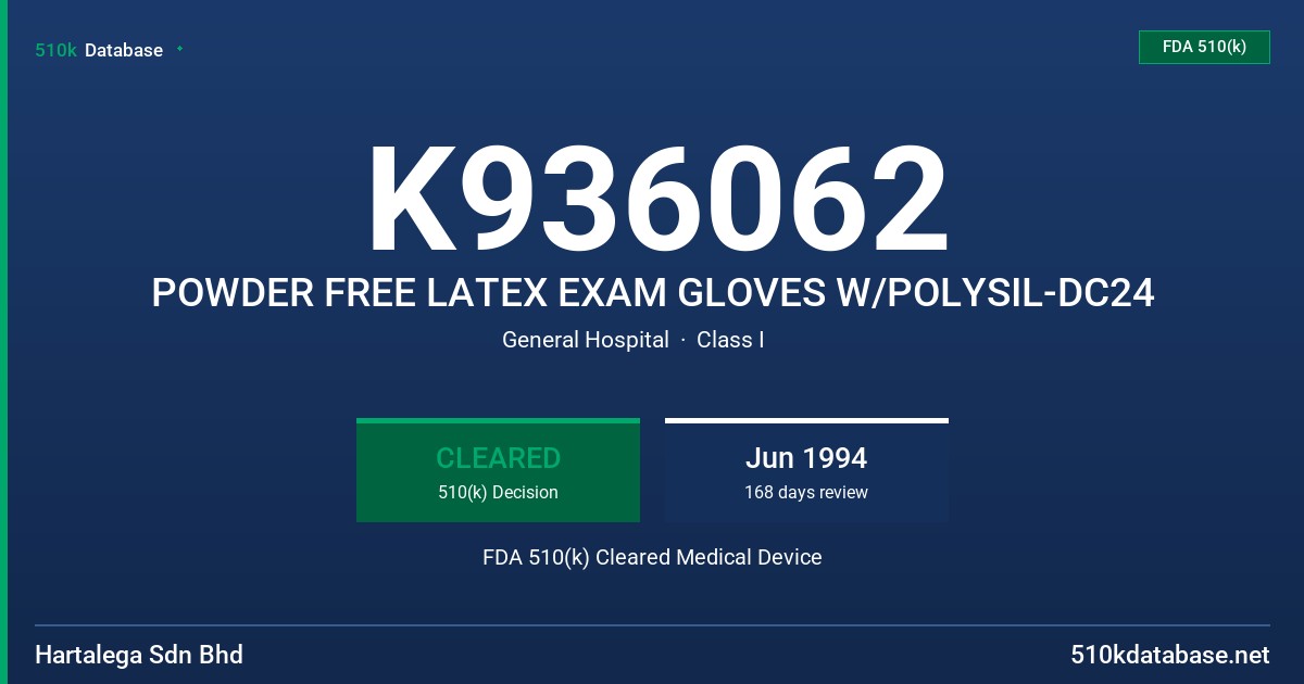 K936062 POWDER FREE LATEX EXAM GLOVES W/POLYSIL-DC24 FDA 510(k) Cleared Medical Device