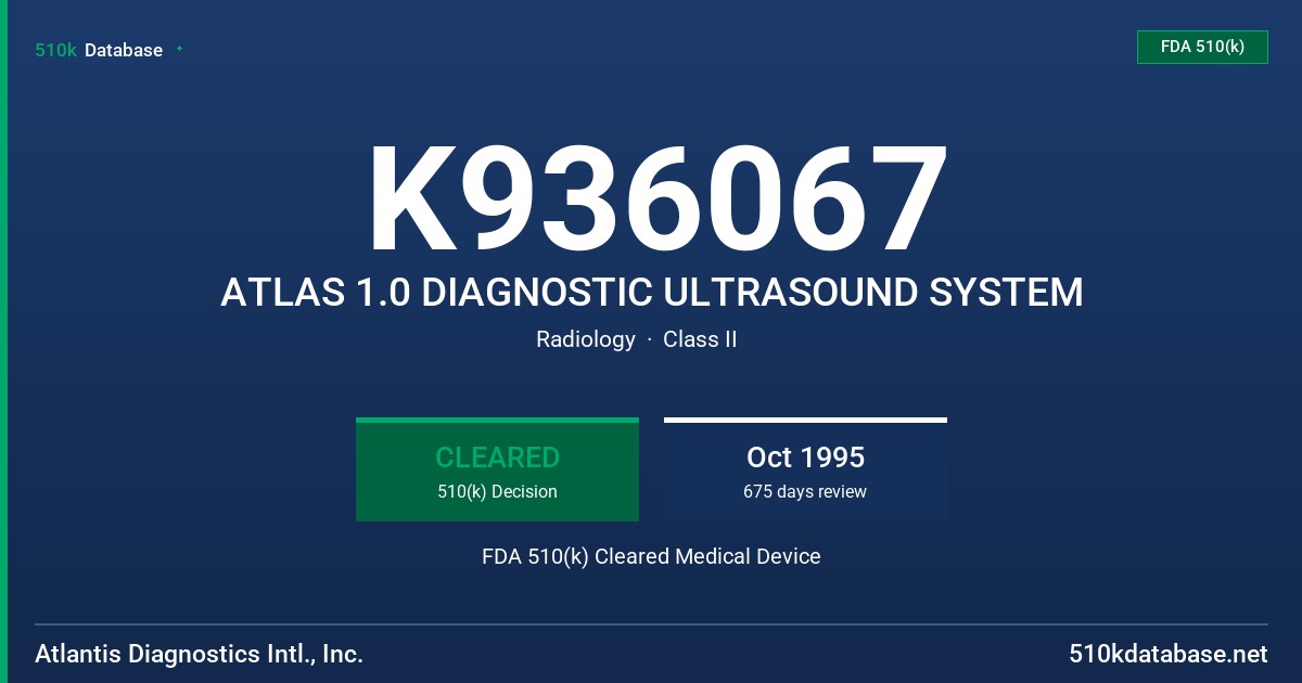 K936067 ATLAS 1.0 DIAGNOSTIC ULTRASOUND SYSTEM FDA 510(k) Cleared Medical Device