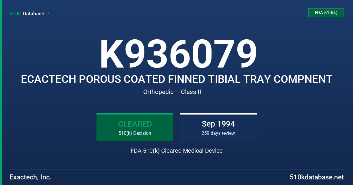 K936079 ECACTECH POROUS COATED FINNED TIBIAL TRAY COMPNENT FDA 510(k) Cleared Medical Device