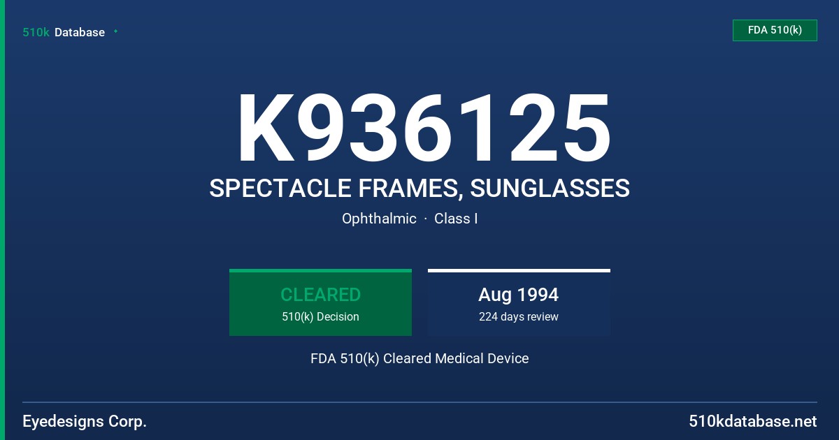 K936125 SPECTACLE FRAMES, SUNGLASSES FDA 510(k) Cleared Medical Device