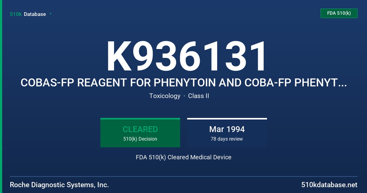 K936131 COBAS-FP REAGENT FOR PHENYTOIN AND COBA-FP PHENYTOIN CALIBRATORS FDA 510(k) Cleared Medical Device