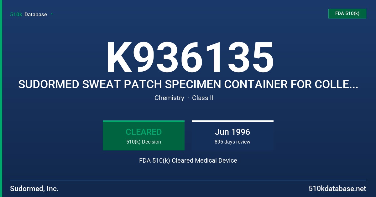 K936135 SUDORMED SWEAT PATCH SPECIMEN CONTAINER FOR COLLECTION OF MARIJUANA IN PERSPIRATION FDA 510(k) Cleared Medical Device