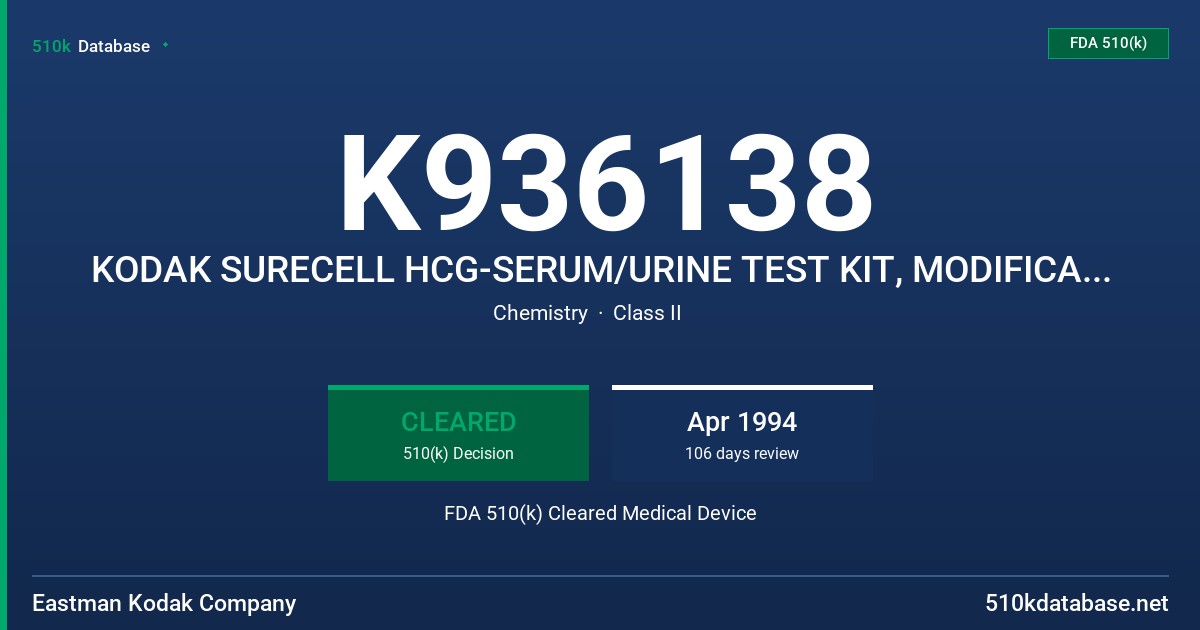 K936138 KODAK SURECELL HCG-SERUM/URINE TEST KIT, MODIFICATION FDA 510(k) Cleared Medical Device