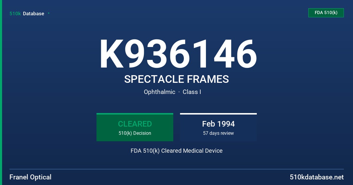 K936146 SPECTACLE FRAMES FDA 510(k) Cleared Medical Device
