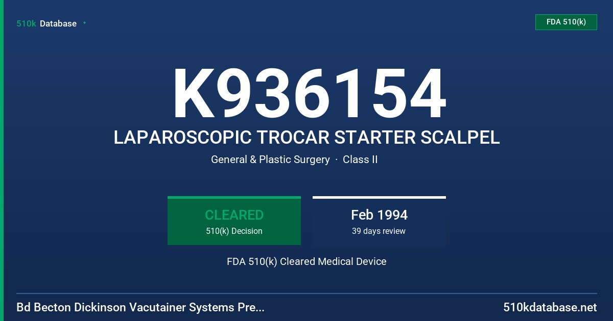 K936154 LAPAROSCOPIC TROCAR STARTER SCALPEL FDA 510(k) Cleared Medical Device