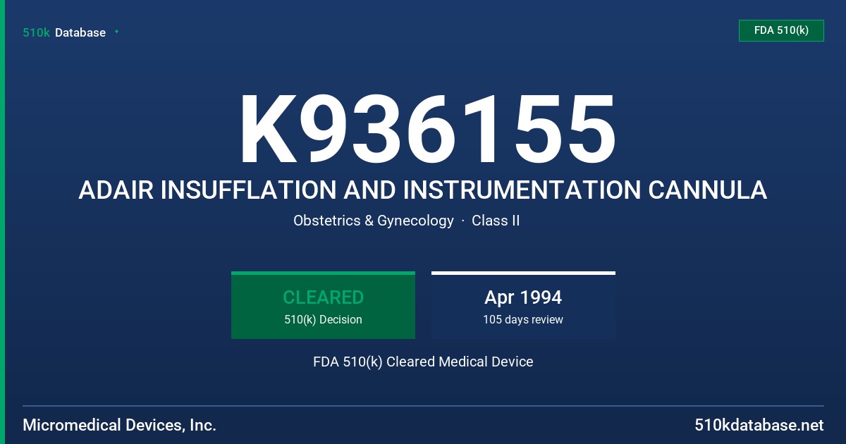 K936155 ADAIR INSUFFLATION AND INSTRUMENTATION CANNULA FDA 510(k) Cleared Medical Device