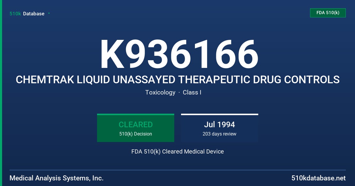 K936166 CHEMTRAK LIQUID UNASSAYED THERAPEUTIC DRUG CONTROLS FDA 510(k) Cleared Medical Device