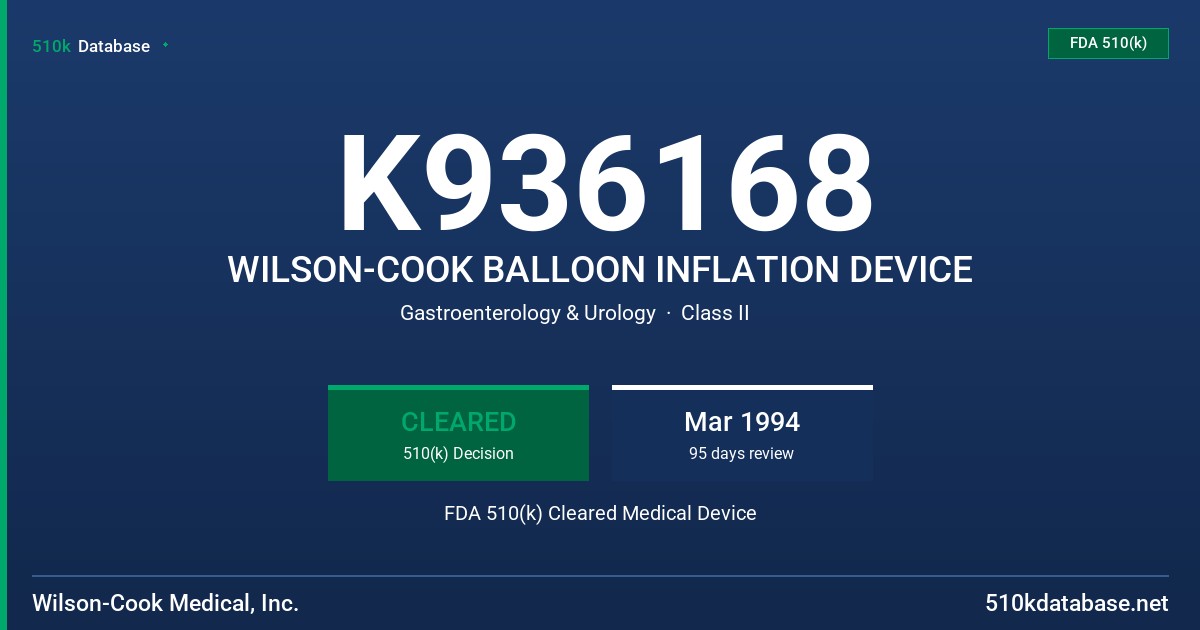 K936168 WILSON-COOK BALLOON INFLATION DEVICE FDA 510(k) Cleared Medical Device