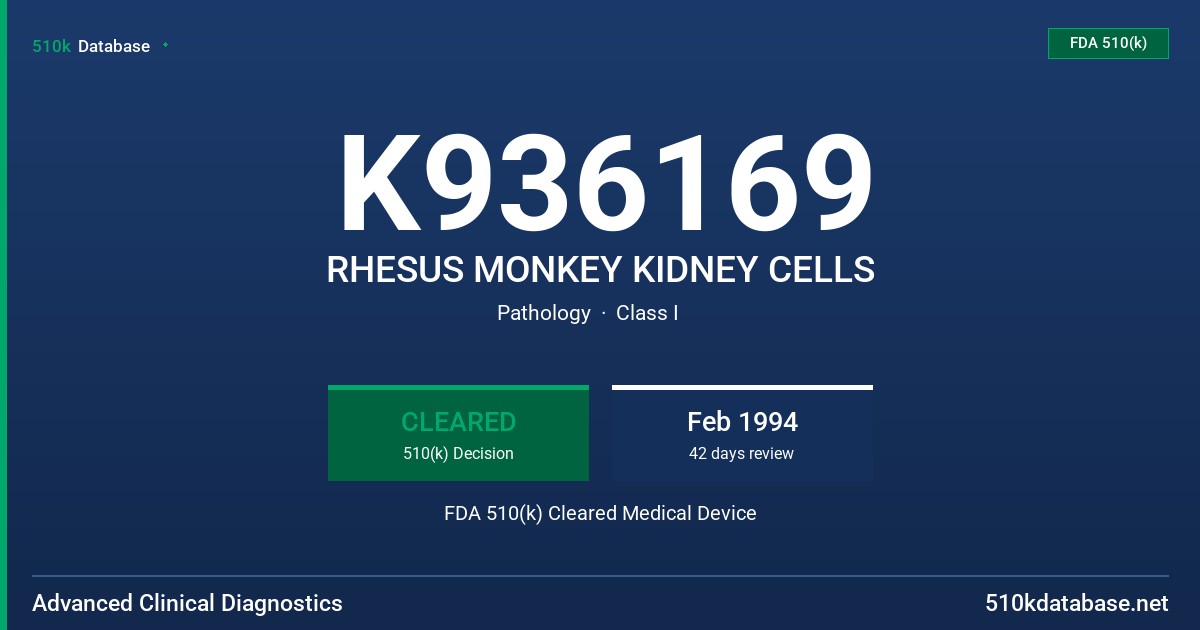 K936169 RHESUS MONKEY KIDNEY CELLS FDA 510(k) Cleared Medical Device