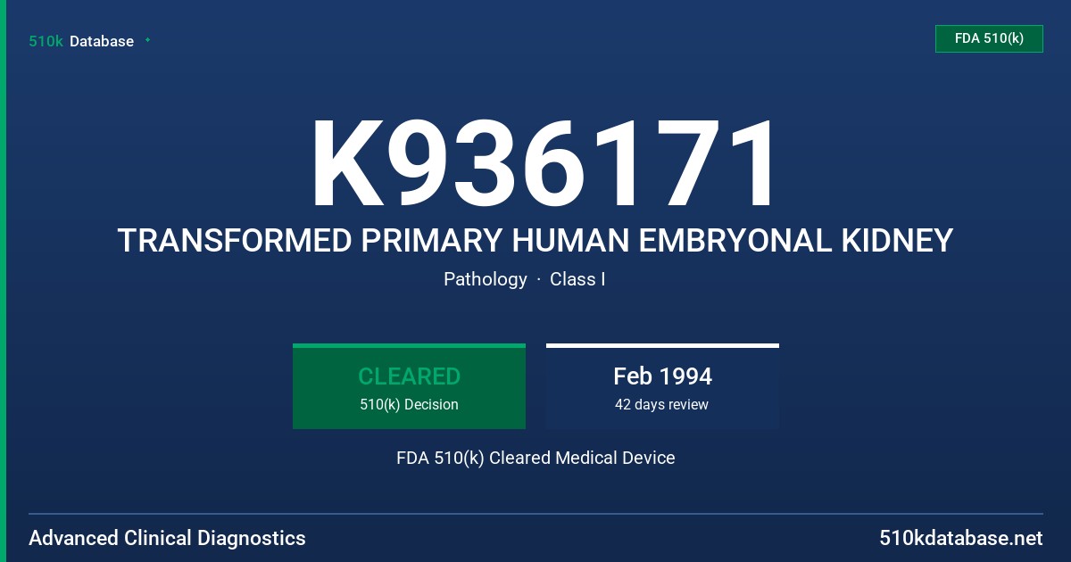 K936171 TRANSFORMED PRIMARY HUMAN EMBRYONAL KIDNEY FDA 510(k) Cleared Medical Device
