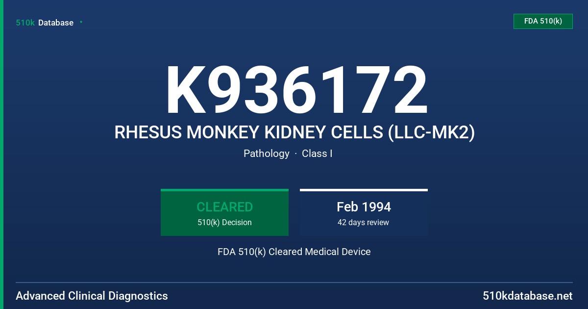 K936172 RHESUS MONKEY KIDNEY CELLS (LLC-MK2) FDA 510(k) Cleared Medical Device