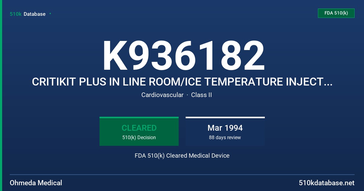 K936182 CRITIKIT PLUS IN LINE ROOM/ICE TEMPERATURE INJECTATE KIT FDA 510(k) Cleared Medical Device