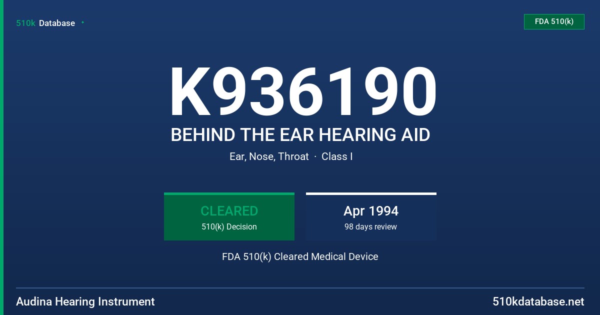 K936190 BEHIND THE EAR HEARING AID FDA 510(k) Cleared Medical Device