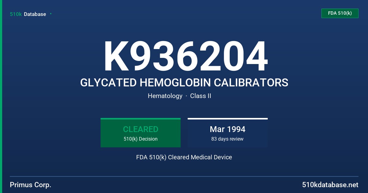 K936204 GLYCATED HEMOGLOBIN CALIBRATORS FDA 510(k) Cleared Medical Device