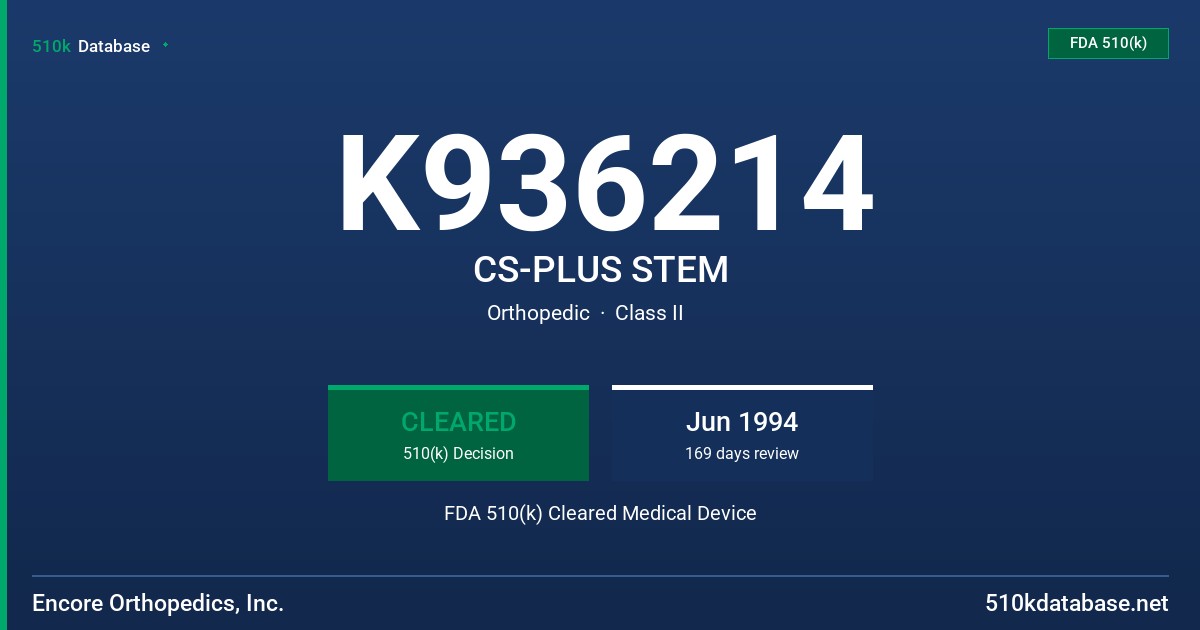 K936214 CS-PLUS STEM FDA 510(k) Cleared Medical Device