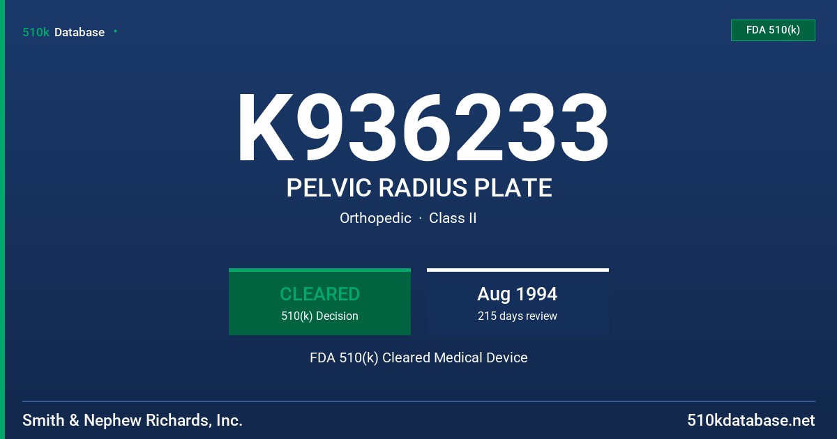 K936233 PELVIC RADIUS PLATE FDA 510(k) Cleared Medical Device