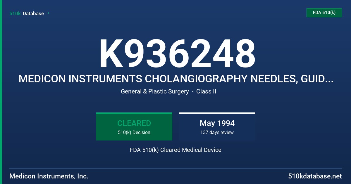 K936248 MEDICON INSTRUMENTS CHOLANGIOGRAPHY NEEDLES, GUIDE TUBES, INJECTION NEEDLES, VERRES INSUFFLATION NEEDLES AND HOLDERS FDA 510(k) Cleared Medical Device