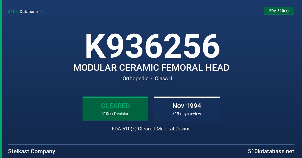 K936256 MODULAR CERAMIC FEMORAL HEAD FDA 510(k) Cleared Medical Device