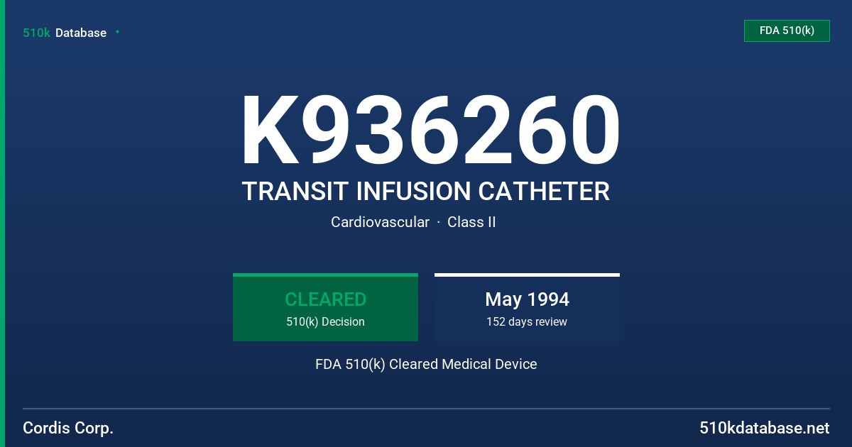 K936260 TRANSIT INFUSION CATHETER FDA 510(k) Cleared Medical Device