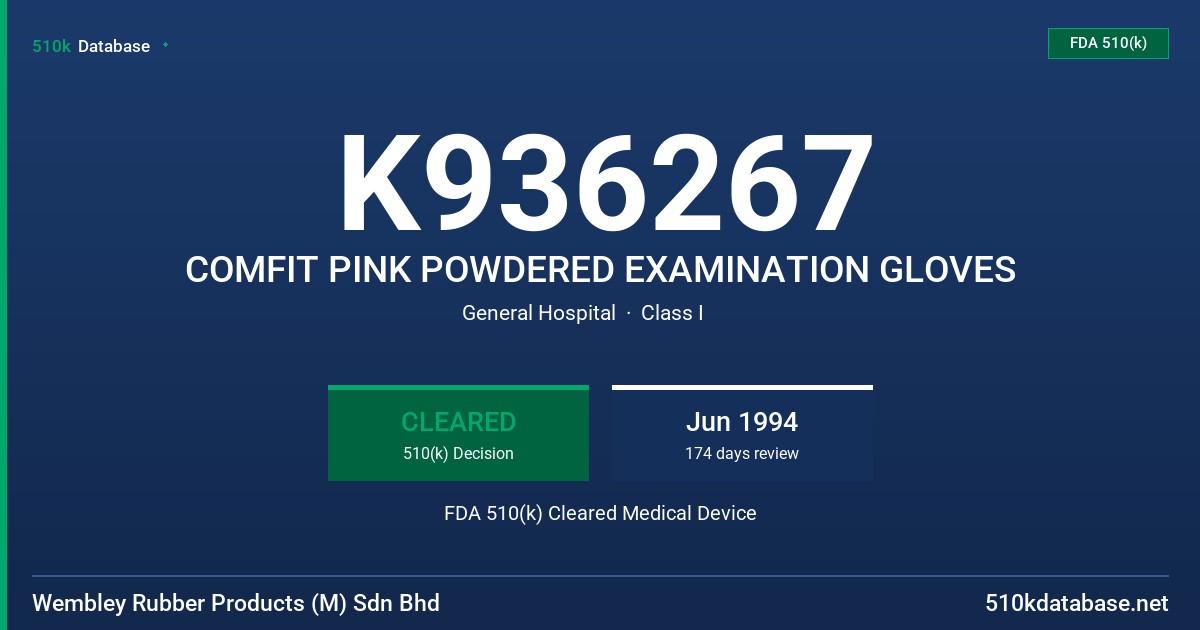 K936267 COMFIT PINK POWDERED EXAMINATION GLOVES FDA 510(k) Cleared Medical Device