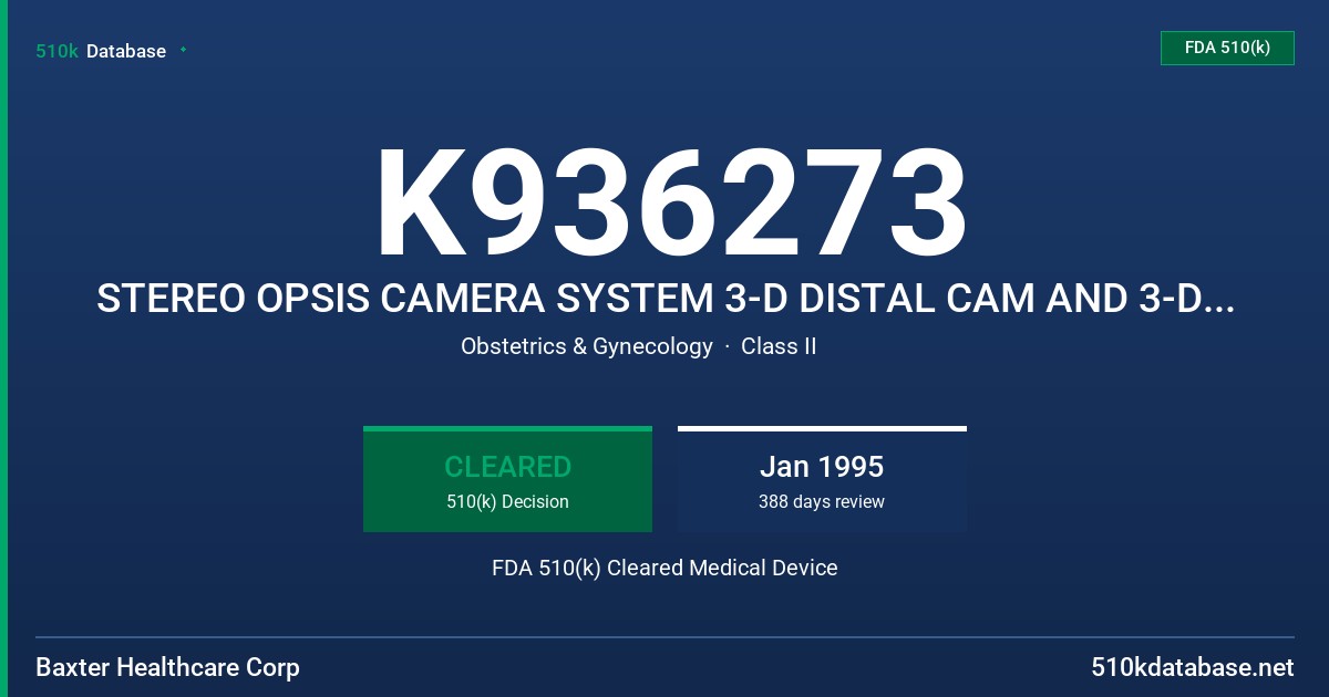 K936273 STEREO OPSIS CAMERA SYSTEM 3-D DISTAL CAM AND 3-D DISTAL CAM 360 FDA 510(k) Cleared Medical Device