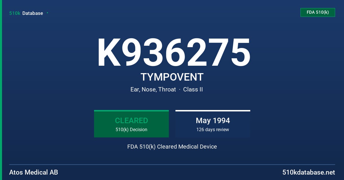 K936275 TYMPOVENT FDA 510(k) Cleared Medical Device