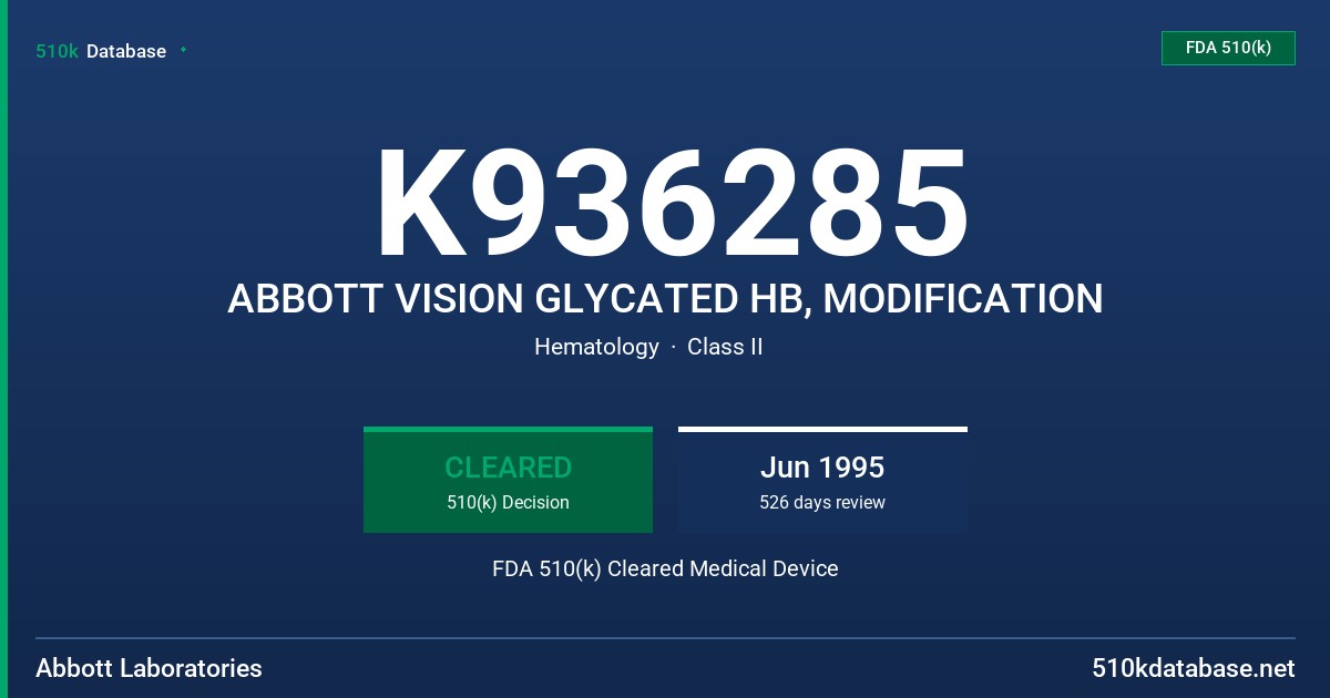 K936285 ABBOTT VISION GLYCATED HB, MODIFICATION FDA 510(k) Cleared Medical Device