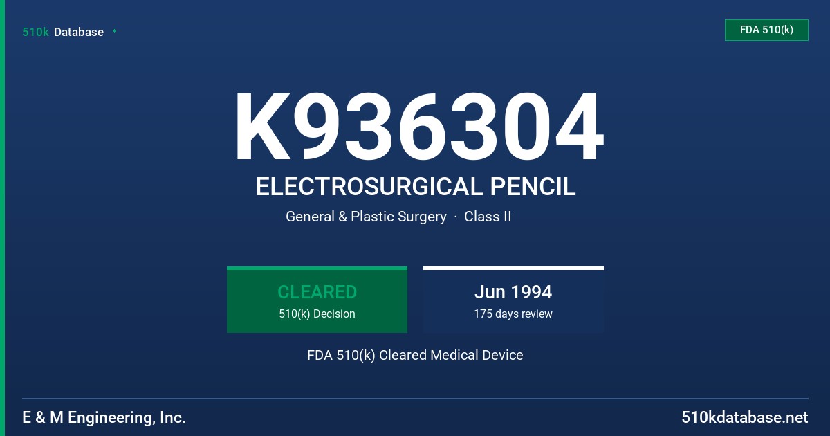 K936304 ELECTROSURGICAL PENCIL FDA 510(k) Cleared Medical Device