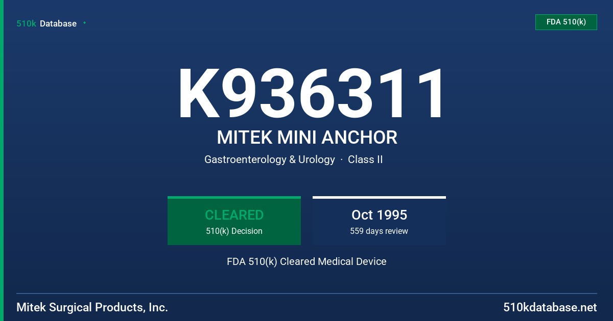 K936311 MITEK MINI ANCHOR FDA 510(k) Cleared Medical Device