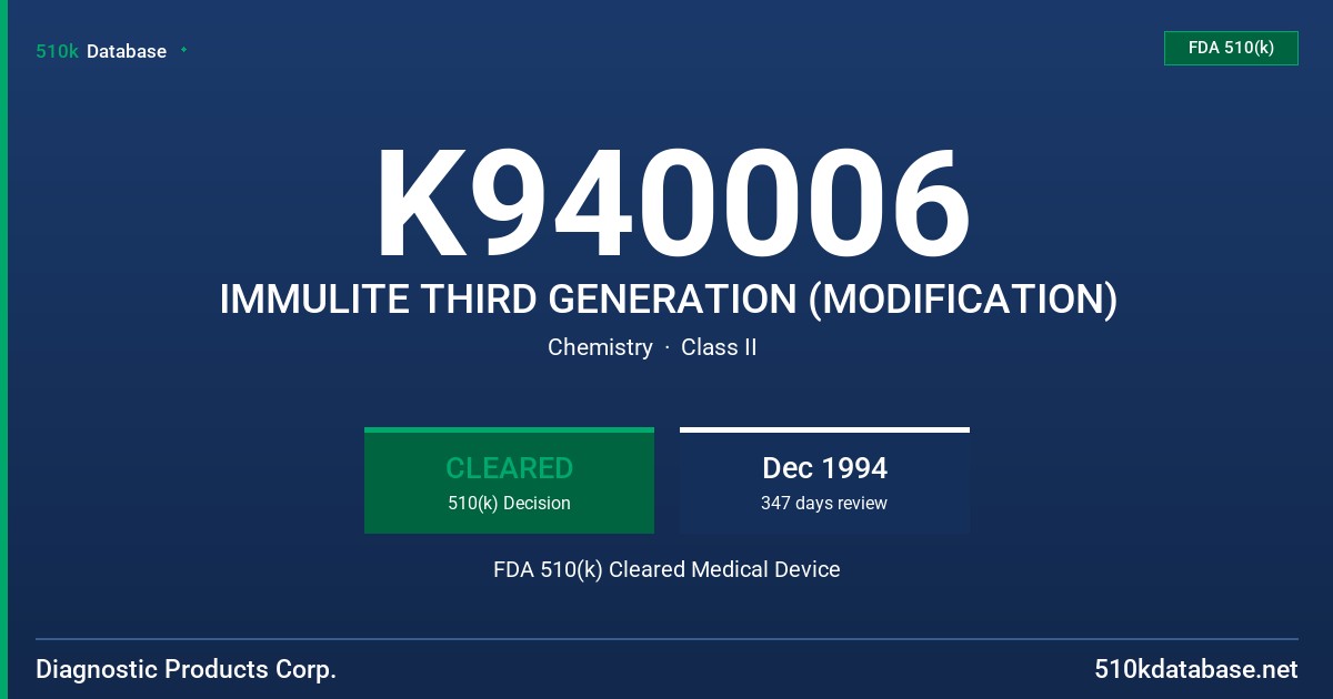 K940006 IMMULITE THIRD GENERATION (MODIFICATION) FDA 510(k) Cleared Medical Device