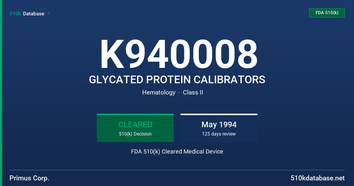 K940008 GLYCATED PROTEIN CALIBRATORS FDA 510(k) Cleared Medical Device