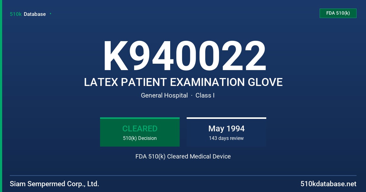K940022 LATEX PATIENT EXAMINATION GLOVE FDA 510(k) Cleared Medical Device