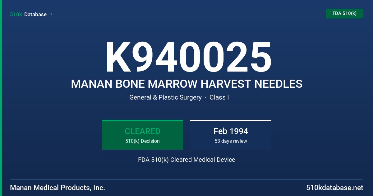 K940025 MANAN BONE MARROW HARVEST NEEDLES FDA 510(k) Cleared Medical Device