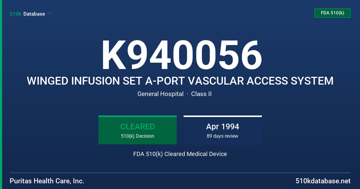 K940056 WINGED INFUSION SET A-PORT VASCULAR ACCESS SYSTEM FDA 510(k) Cleared Medical Device