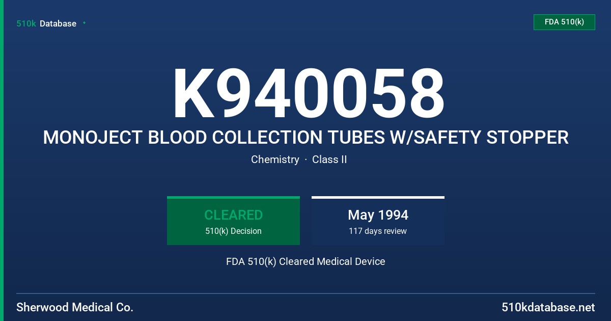 K940058 MONOJECT BLOOD COLLECTION TUBES W/SAFETY STOPPER FDA 510(k) Cleared Medical Device