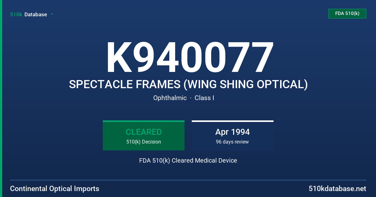 K940077 SPECTACLE FRAMES (WING SHING OPTICAL) FDA 510(k) Cleared Medical Device