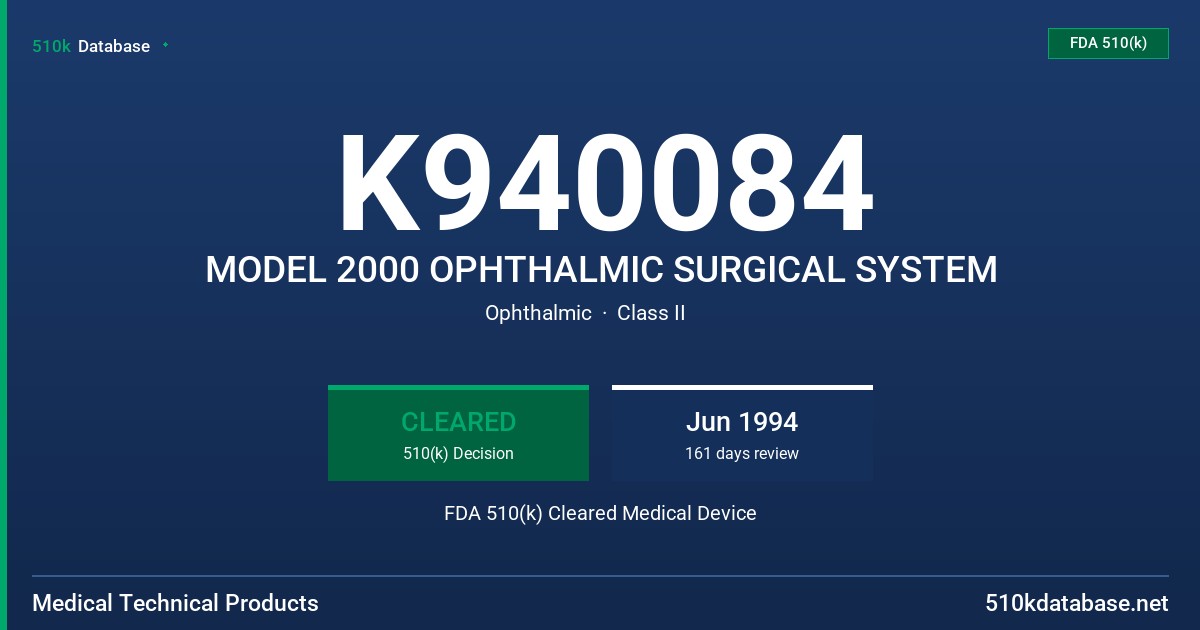 K940084 MODEL 2000 OPHTHALMIC SURGICAL SYSTEM FDA 510(k) Cleared Medical Device