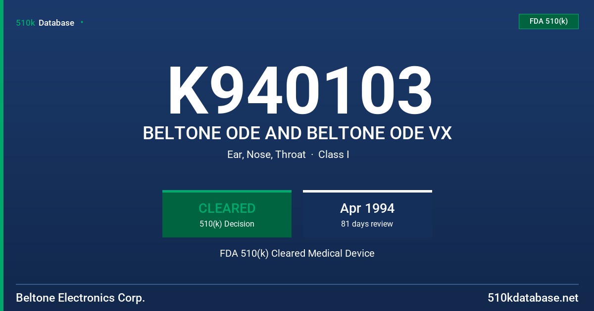K940103 BELTONE ODE AND BELTONE ODE VX FDA 510(k) Cleared Medical Device