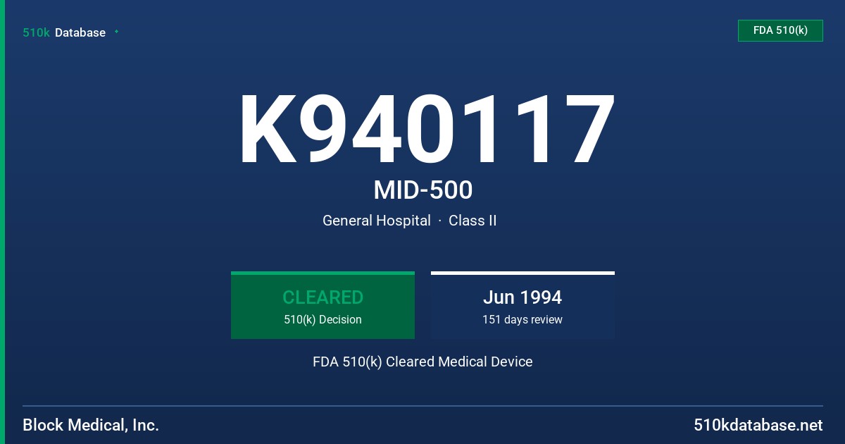 K940117 MID-500 FDA 510(k) Cleared Medical Device